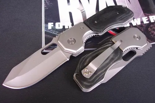 satin finish plain edge blade pocket knife w/meatl liner and micarta scales inlay handle