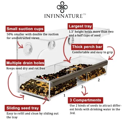 Acrylic Large window Bird Feeder with power Suction Cups and drain crystal bird feeder
