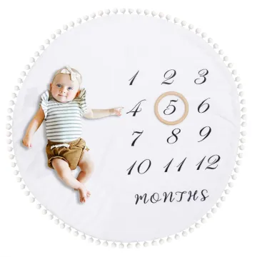 Baby Monthly Blanket with Wooden Circle Ring Mat Large Double Sided Pom Pom Ball Thick Flannel Round Rug Baby blanket