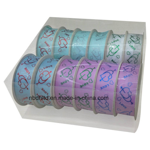 Heart Design Printed Satin Ribbon and Grosgrain Ribbon with PVC Box Packing