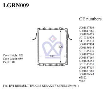 Renault radiator, 5001847508, 5010315636, 5110315131, 63822, LGRN009