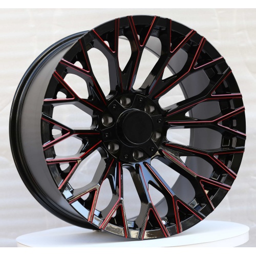 Rueda negra brillante de 20 pulgadas con borde fresado en rojo