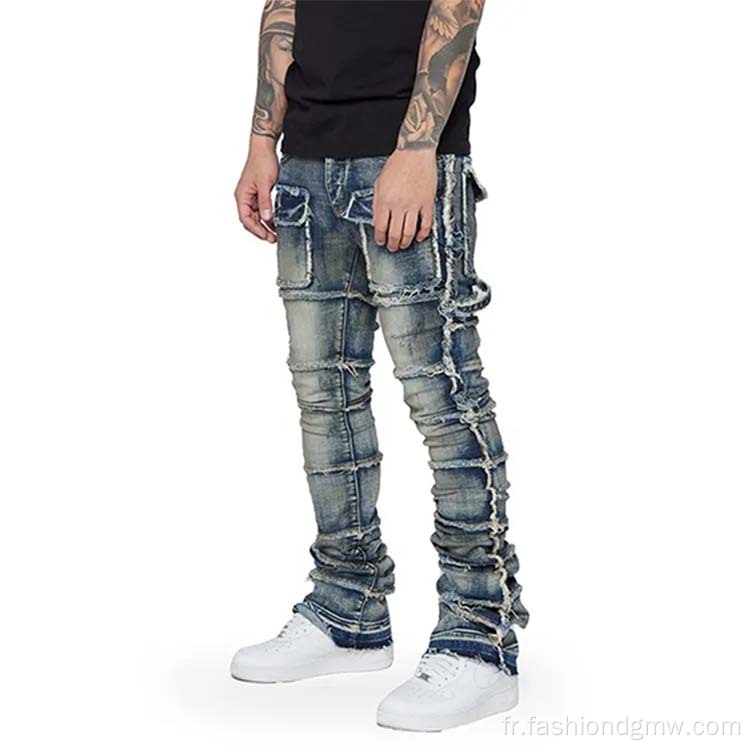 Jeans pantalones à hommes lavés multi-poches