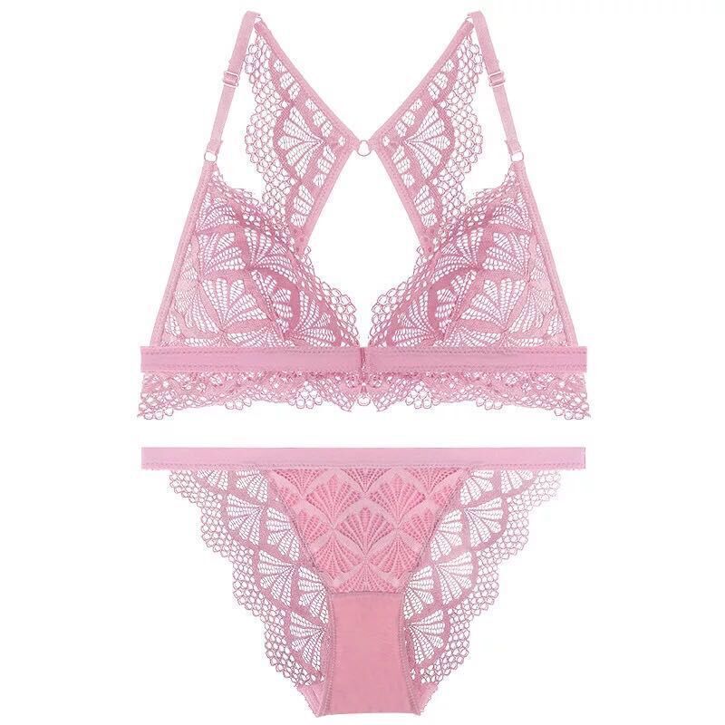 Front Closure Flower Lace Wireless Bandage Bikini Pink