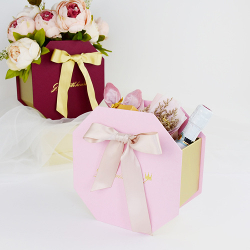 Octagon Flower Present Gift Box with Ribbon