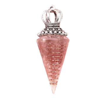 Strawberry Quartz Chip Stone Resin Antique Silver Crown Hexagonal Cone Pendant & Pendulum