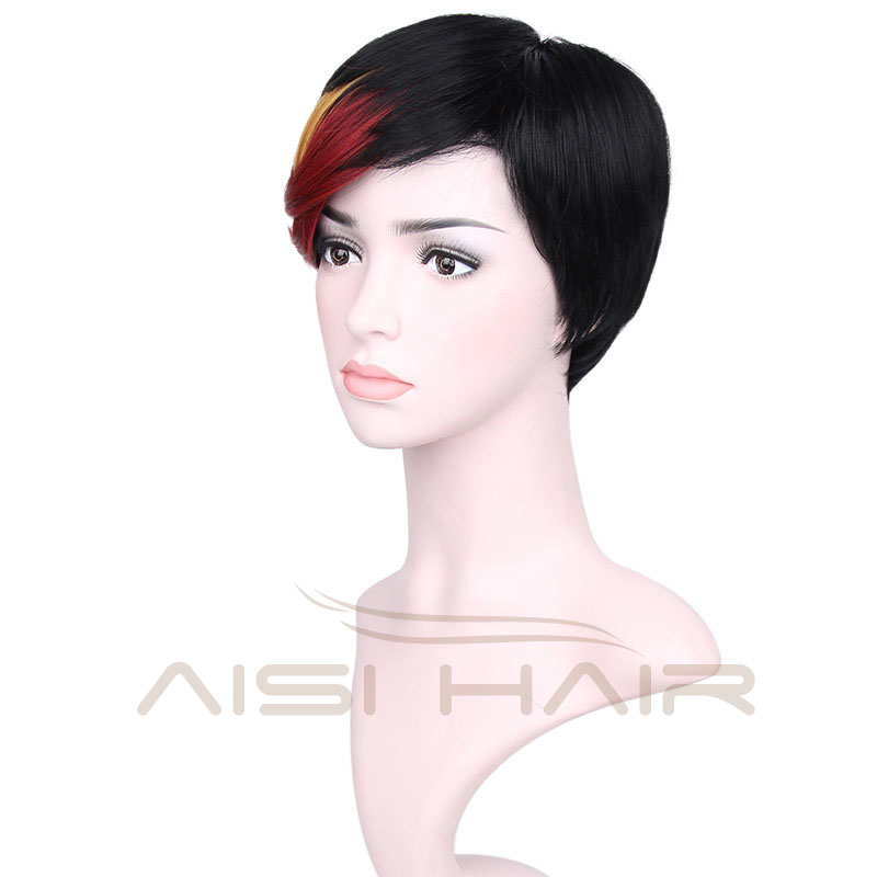 Short Pixie Cut Hair Wig High Temperature Synthetic Straight Wigs with Ombre Red Bangs For Women