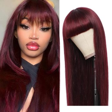 Burgundy Red Brazilian Virgin Straight Wig with Bangs