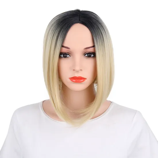 Ombre blonde short straight wavy hair vendor high quality premium wholesale synthetic heat resistant wig lace front black women