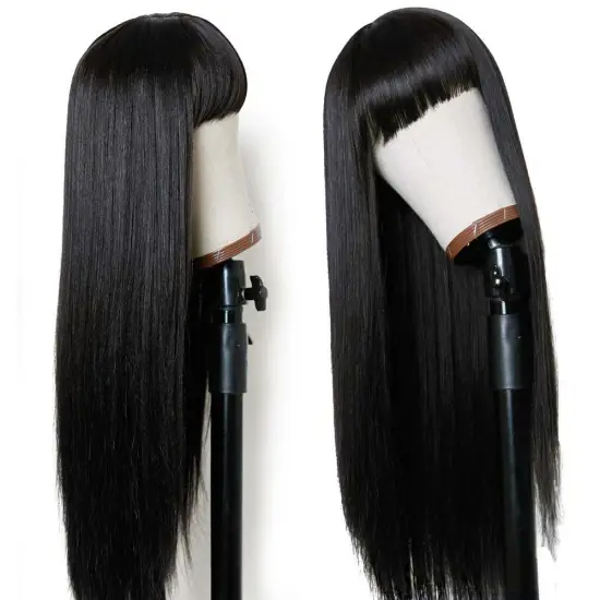 Black Wig with Bangs Long Straight Heat Resistant Synthetic Wig Natural Hair Wigs for Black Women 26 inches