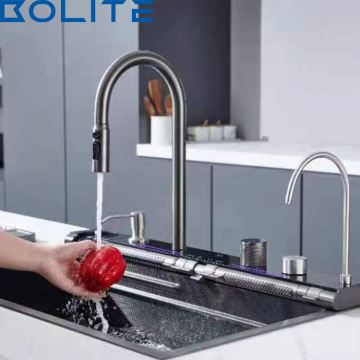 Lavello cucina a cascata singola in acciaio inossidabile nero con display a temperatura digitale