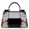 Black Tote Patent Leather Bags Flower Embroidery patch