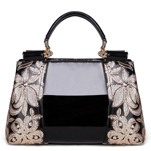 Bolsos Tote Charol Negro Parche Bordado De Flores