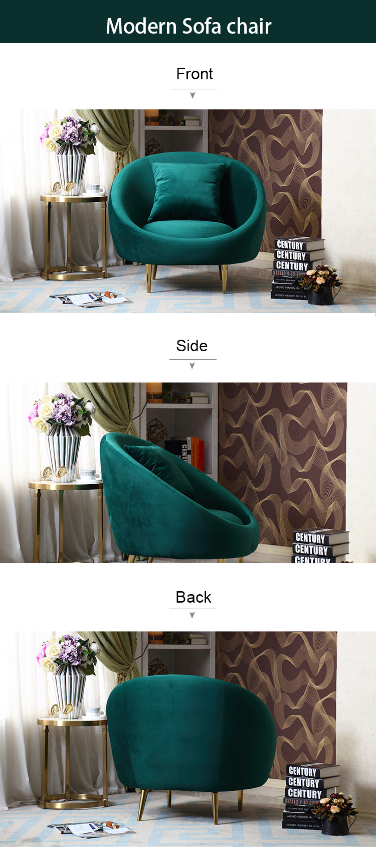 Hot sale new design leisure chair modern sofa chairs single seater green velvet living room furniture