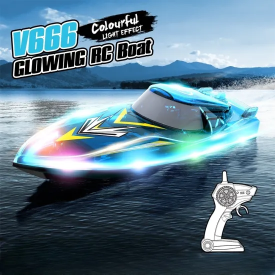 Waterproof Luxury RC Boat Toy V666: 80M Long Endurance, Multi-LED Light Modes & Distance Reminder