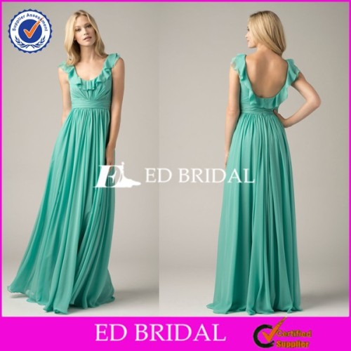 CE1048 Escote Scoop Backless volantes Long Aqua color dama de honor Vestidos