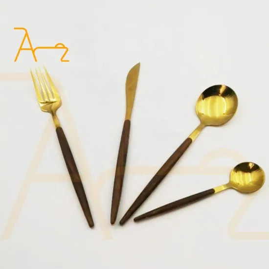 Gold Matte Finish Reusable Wood Handle Cutlery Sets: Stainless Steel Flatware for Restaurant and Hotel Use