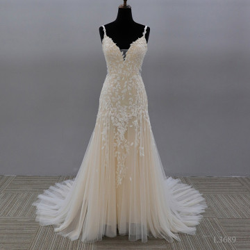 Sleeveless backless lace Crystal bridal wedding dress oem