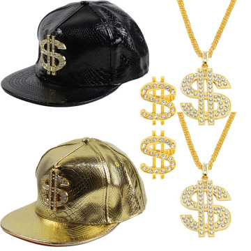 90s 80s Hip Hop Party Supplies & Gifts: Classic Gold Plated Dollar Necklaces, Rings & Hats