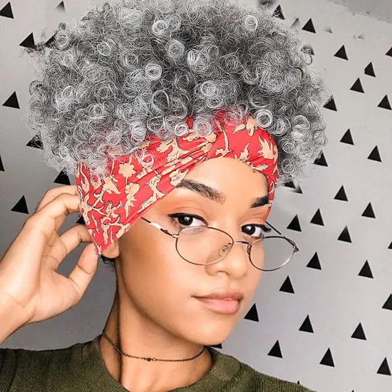 Hot Selling Headband Wigs for Black Women Short Afro Synthetic Puff Kinky Curly Wigs with Red Printing Head Wrap 2 in 1Updo FulL