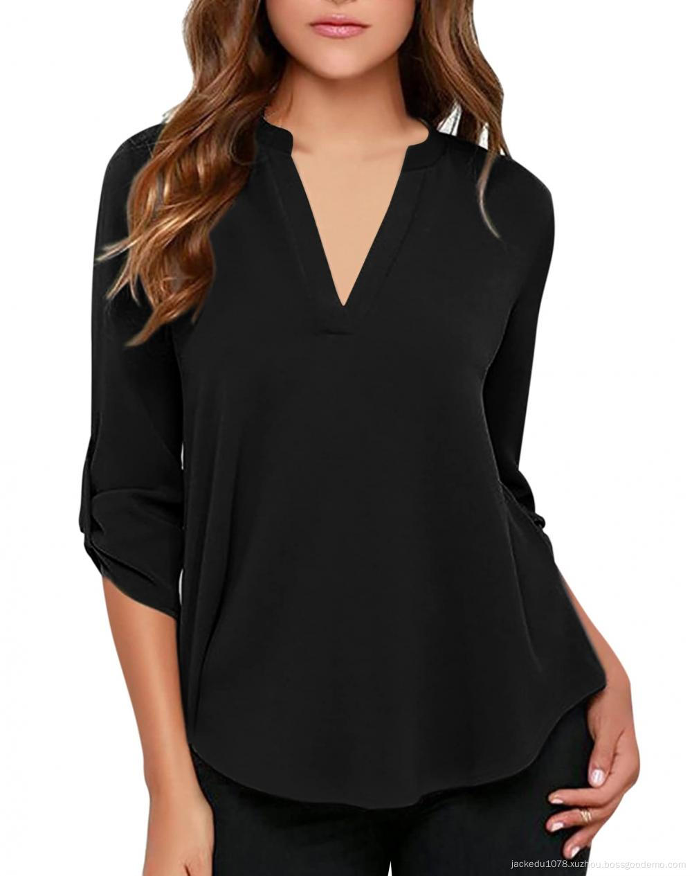 Women's Chiffon V-Neck Business Casual Blouse Work Tops with Cuffed Sleeves