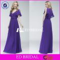 CE1041 Elegante V-Cuello Cap manga larga púrpura modesta vestidos de dama de honor con mangas