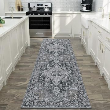 Machine Washable Dark Grey 2x6ft Runner Rugs - Vintage Retro Style, Low Pile, Wear Resistant & Soft