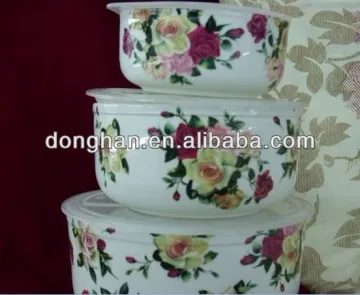 food safety assorted size decal refreshing ceramic bowls set with plastic lid