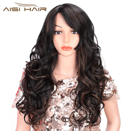 Aisi Hair Synthetic Black Body Wave Long Wavy Black Mixed Wig Heat Resistant Fiber Hair Wig For Black White Women Cosplay Wigs