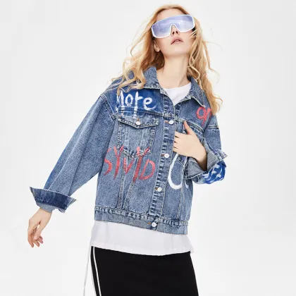 Wholesale Loose Colorful Print Denim Jacket for Women