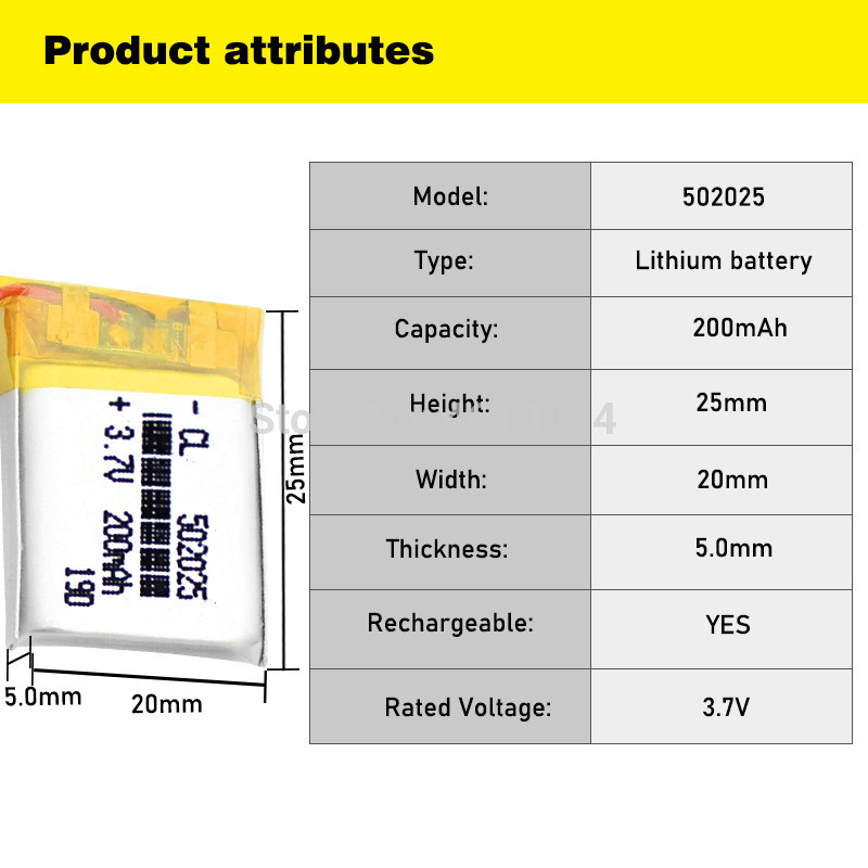 Chinese 502025 3.7v lithium ion battery 200 mah Li polymer battery for portable MP3 MP4 GPS remote controllers