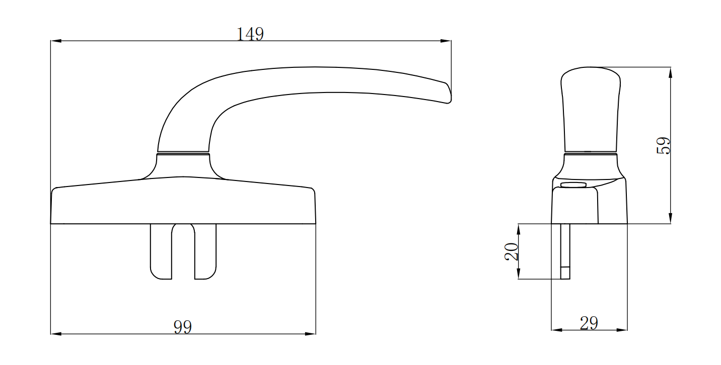 BC333 aluminum window handle technical drawing with handle and base dimensions