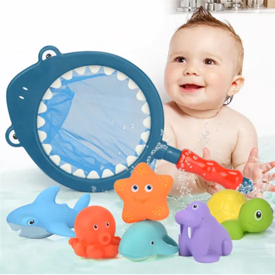 7PCS/Sets Fishing Toys Network Bag Pick up Duck&Fish Kids Toy Swimming Classes Summer Play Water Bath Doll Water Spray Bath toys