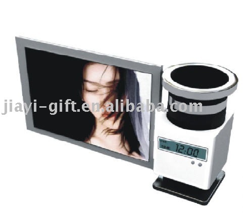 pen holder with photo frame and clock