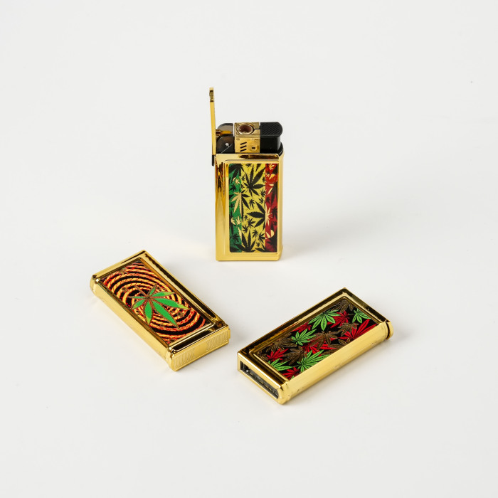 Isqueiro flip-top com impressão artística de folhas de cânhamo vintage em cores bloqueadas