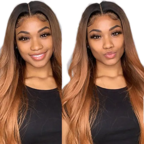 FZY Wholesale Price Good Omens Cosplay Black roots ombre Brown color silk straight Synthetic hair Wigs with lace front  Vendor