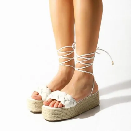 Large Hemp Woven Thick Soled Sandals - New Summer Style Lace Up Flat Sandals for Women