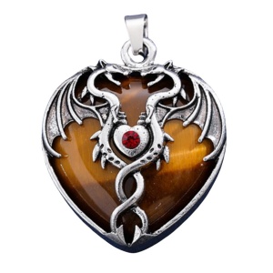 Yellow Tiger Eye Stone Heart Antique Silver Double Dragon Stone Pendant (32x42mm) for DIY Making Jewelry