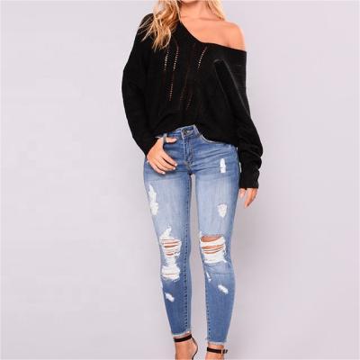 Stretchy Destroyed Denim Pants: Women's Black Boyfriend Ripped Skinny Jeans
