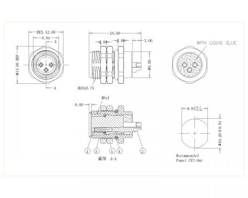 M8 Male Lock Front Unshielded Solder Type