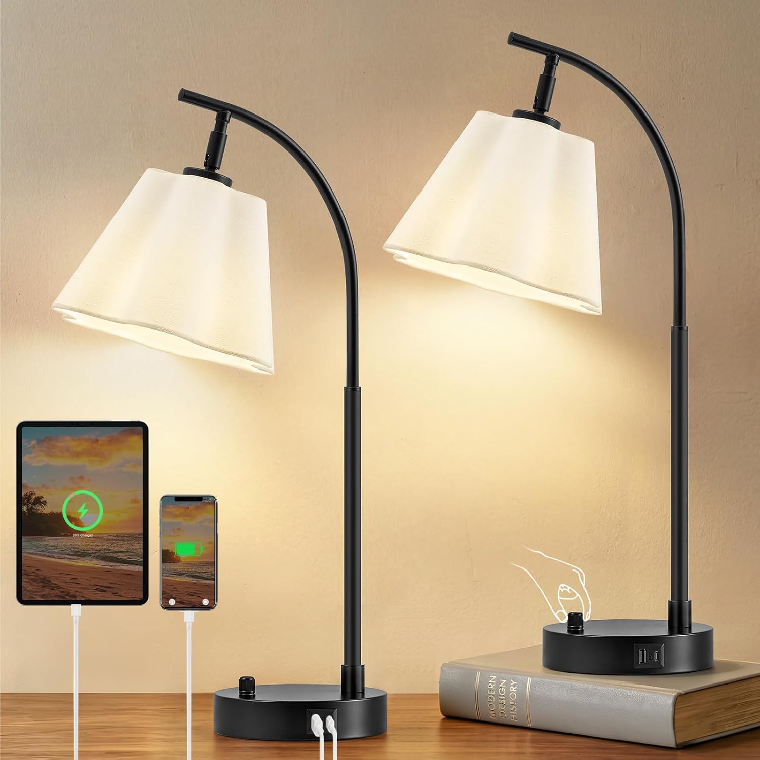 Stepless Dimmable Bedside Lamps Set 2 USB-C Ports (3)