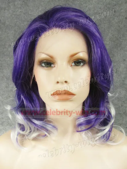 Purple with White Tip Elegant Curly Synthetic Lace Front Wig