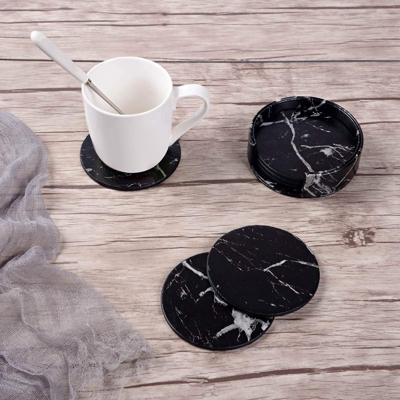 Coasters for Drinks 6-Piece with Holder,Marble Black Round Cup Mat Pad Set Of Home and Kitchen Use