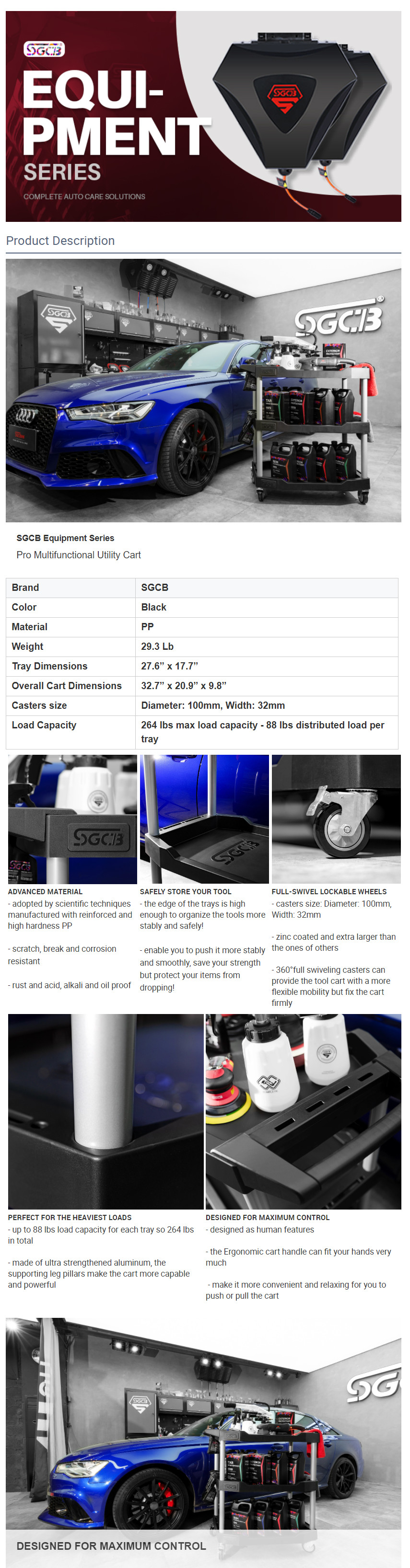 SGCB 3-Tier Mobile Rolling Utility Cart with Wheels, Heavy Duty Industrial  Service Cart 265 Lbs Max Capacity Ergonomic Tub Storage Cart with Swivel  Locking Casters for Garage, Warehouse, Cleaning – SGCB AUTOCARE