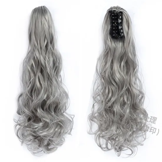 Wholesale Grey Curl Natural Wave Claw-Clip Drawstring Ponytail Extension Hairpiece Synthetic Hair Ponytails For Women Girl