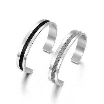 Yiwu Aceon Stainless Steel Men's Open Jewelry Cuff Bracelet - Black Silver Two Tone