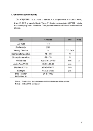 4.3'' BOE KN043TNF30WQ300S1 TFT LCD Display Module 480x272 Resolution 300 Nit