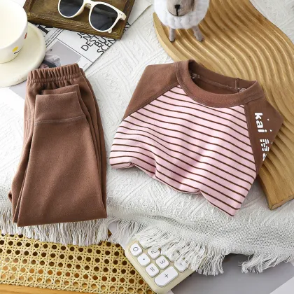 Boys' Autumn-Winter Striped Pajama Set - Family-Friendly Long Pants