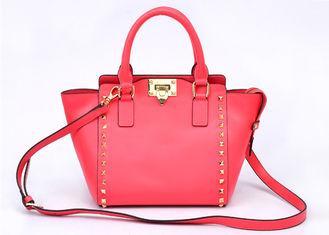 Red Studded Ladies Leather Handbags trapeze bag with zipper