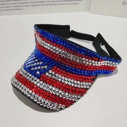 Shiny Rhinestone Glitter Visor Golf Hat - Adjustable American Flag Sunshade